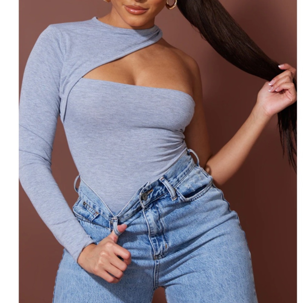 Shape grey marl jersey high neck one sleeve bodysuit